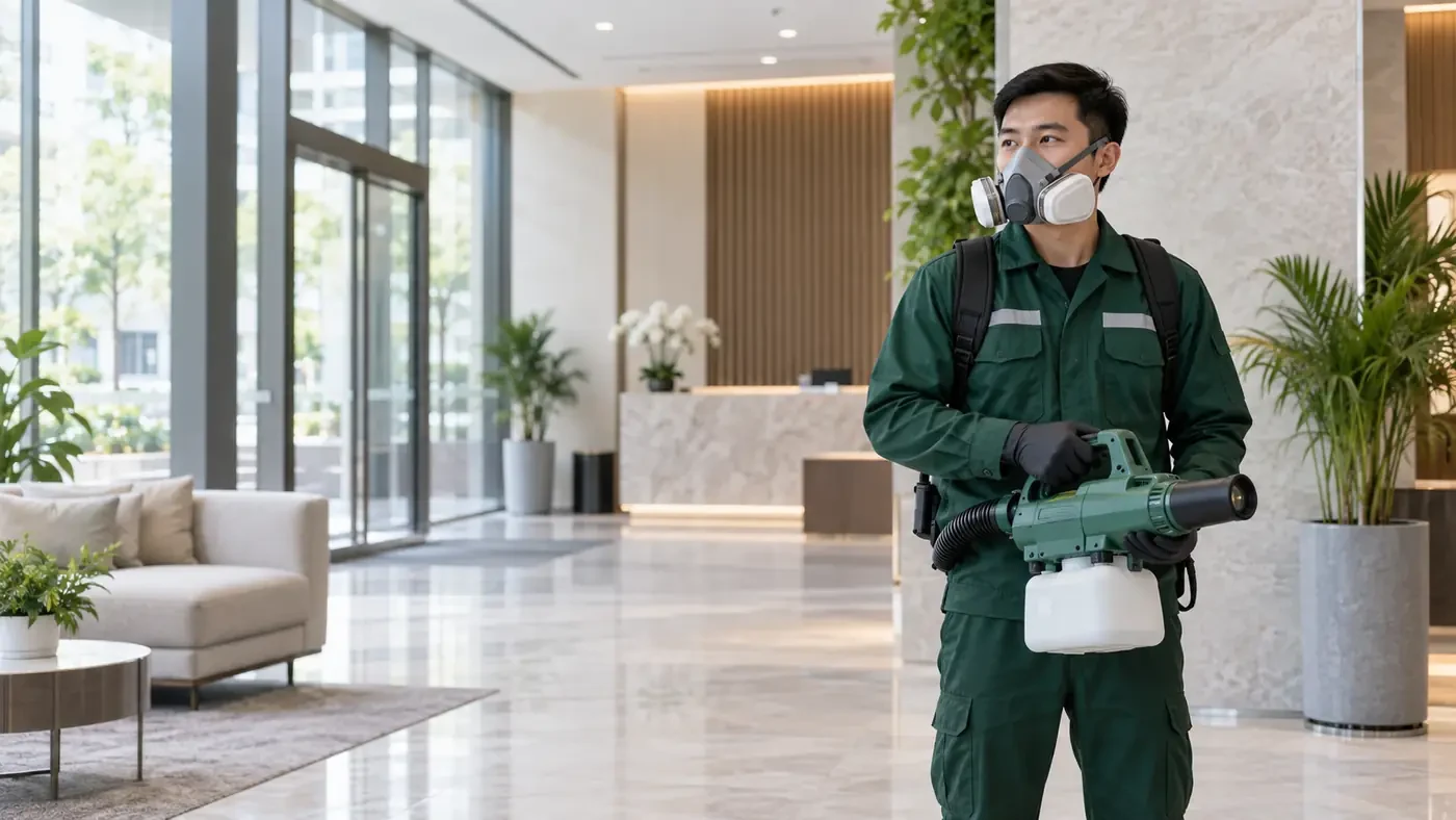 Minh họa kỹ thuật viên triển khai khử khuẩn tại không gian làm việc